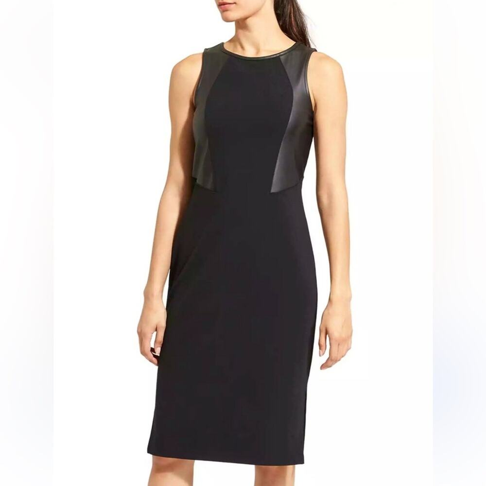 Athleta Black Faux Leather Panel Ponte Dress Athletic Stretch Travel Minimal Sm